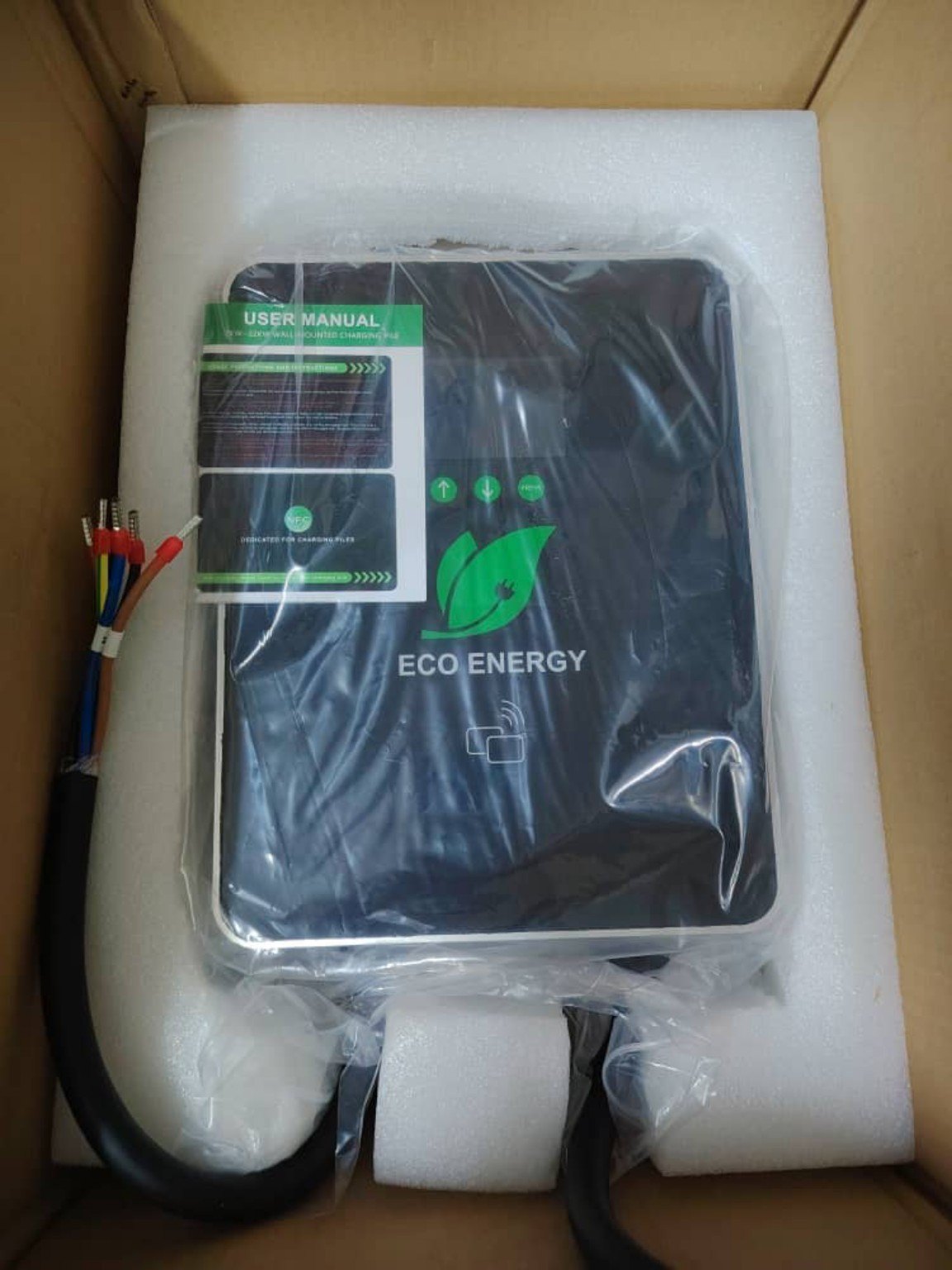 Actual ECO ENERGY wallbox photographed in protective packaging