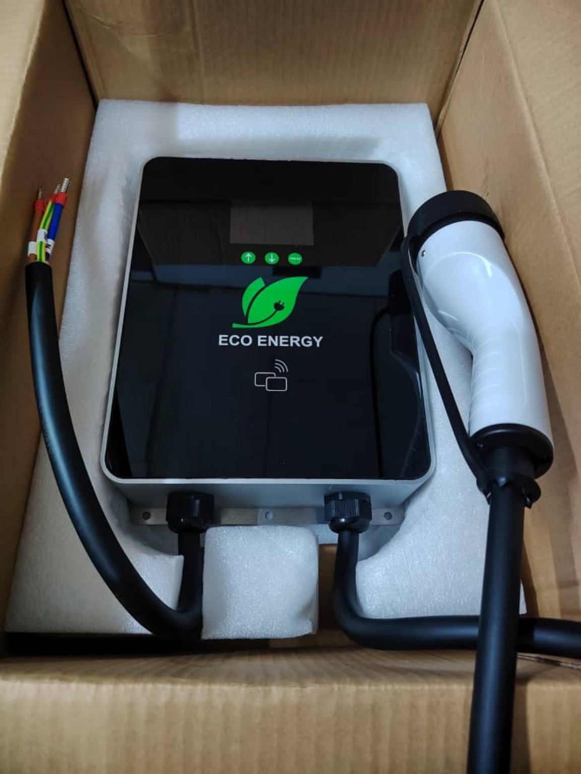 Actual ECO ENERGY wallbox EV charger photographed in packaging